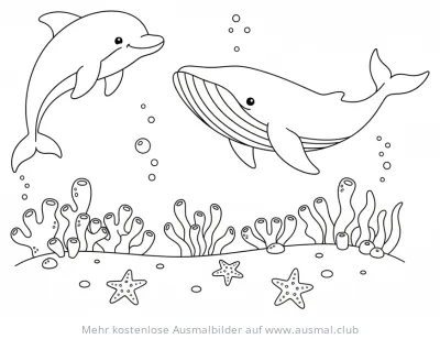 Wal und Delfin Ausmalbild mit Unterwasser-Szene