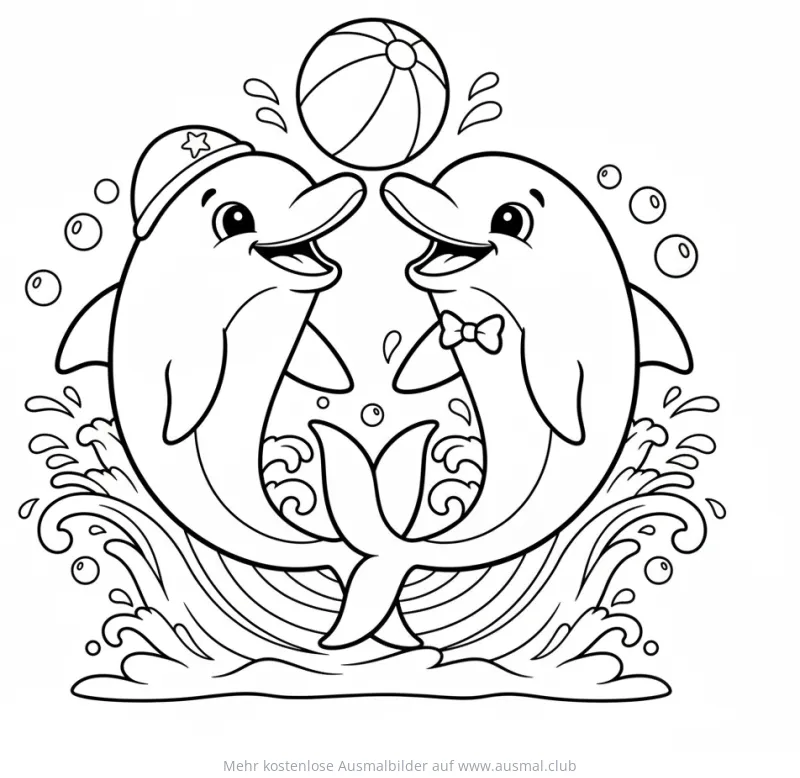 Zwei Delfine mit Mütze und Fliege spielen mit Ball im Wasser Ausmalbild