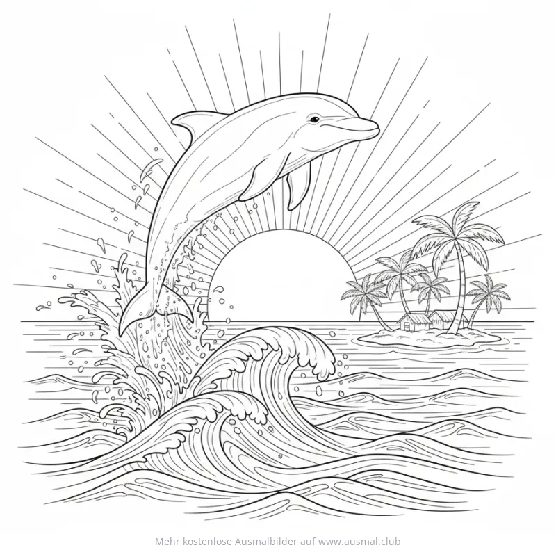 Springender Delfin vor tropischer Insel Ausmalbild
