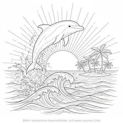 Springender Delfin vor tropischer Insel Ausmalbild