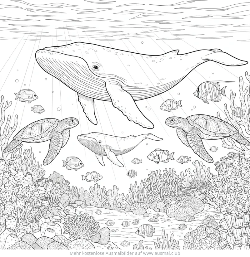 Wal Familie Ausmalbild mit Schildkröten und Korallenriff