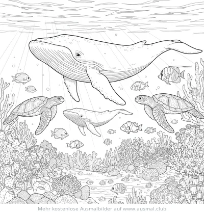 Wal Familie Ausmalbild mit Schildkröten und Korallenriff