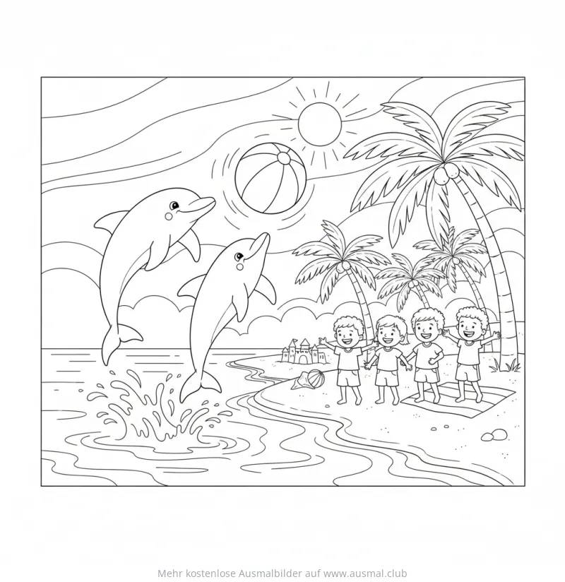 Delfine springen am Strand, Kinder und Palmen Ausmalbild