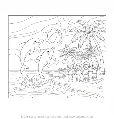 Delfine springen am Strand, Kinder und Palmen Ausmalbild