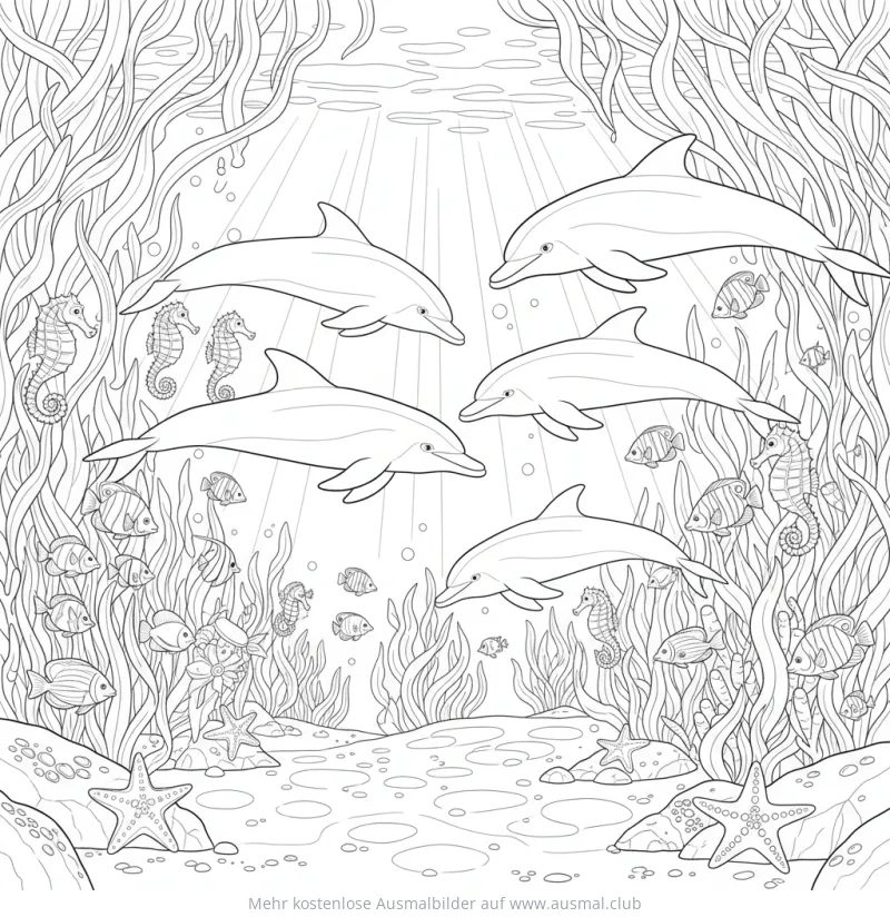 Delfine schwimmen durch Algenwald Ausmalbild mit Seepferdchen und Fischen
