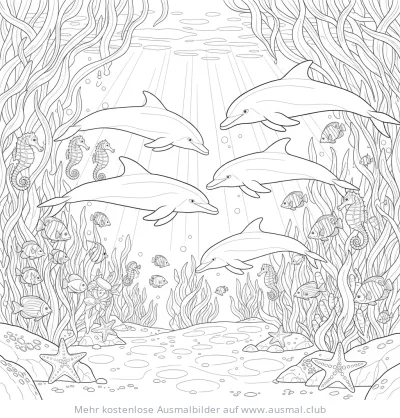 Delfine schwimmen durch Algenwald Ausmalbild mit Seepferdchen und Fischen