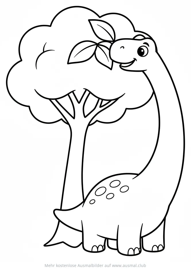 Freundlicher Brontosaurus frisst Blätter von Baum Ausmalbild