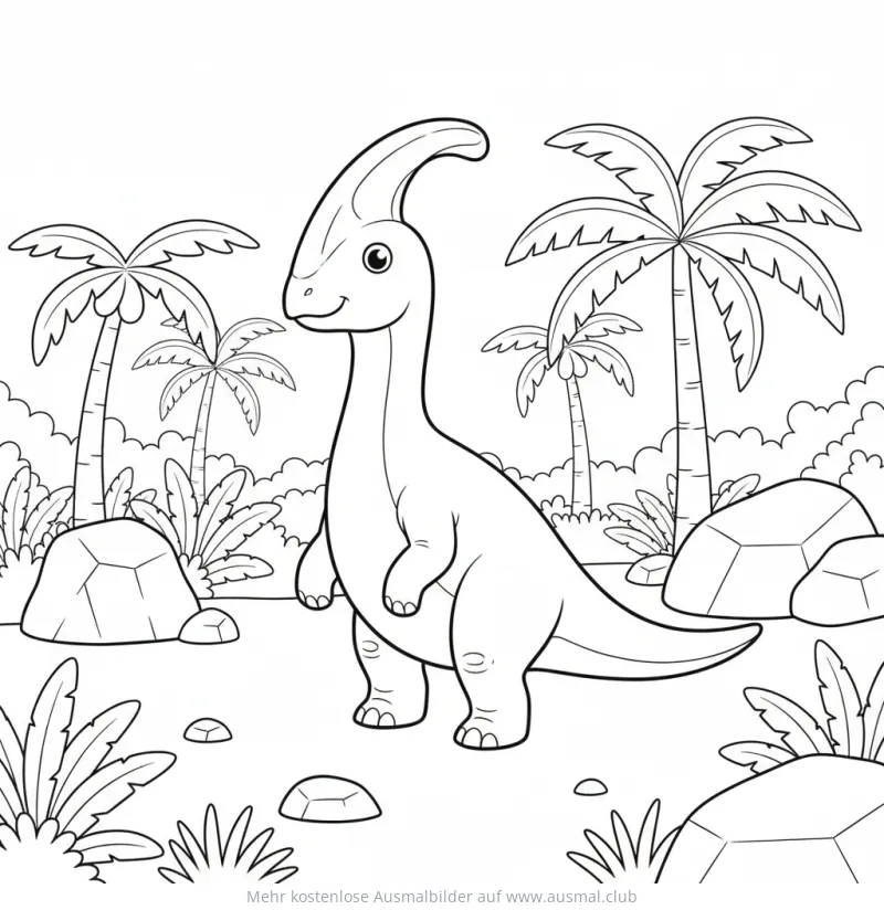 Parasaurolophus Ausmalbild vor Palmen