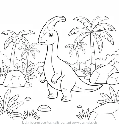Parasaurolophus Ausmalbild vor Palmen
