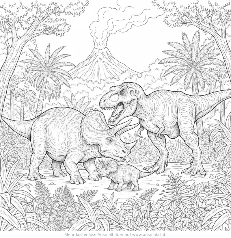 Triceratops Familie mit T-Rex im Hintergrund Ausmalbild