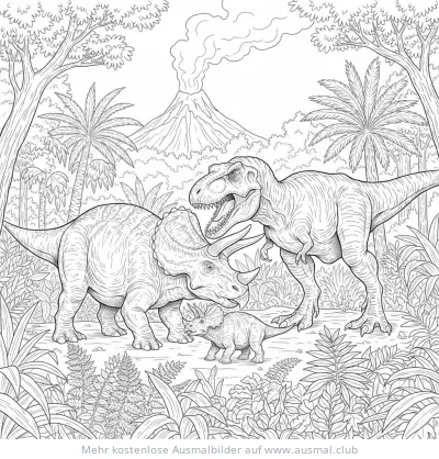 Triceratops Familie mit T-Rex im Hintergrund Ausmalbild