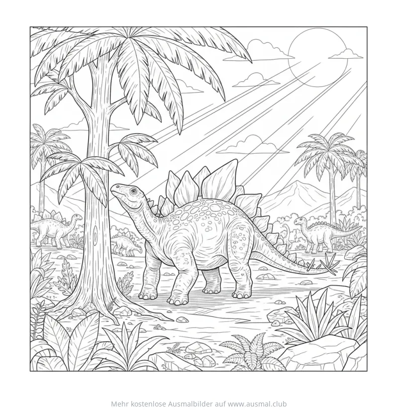 Stegosaurus Ausmalbild in prähistorischer Landschaft mit Palmen und anderen Dinosauriern
