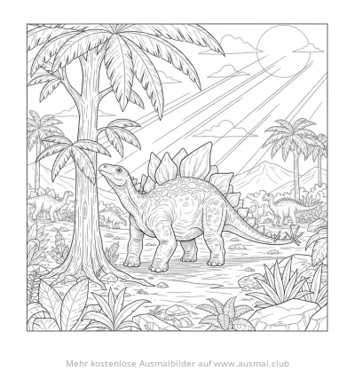 Stegosaurus Ausmalbild in prähistorischer Landschaft mit Palmen und anderen Dinosauriern