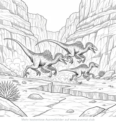 Drei Velociraptoren in steiniger Schlucht Ausmalbild