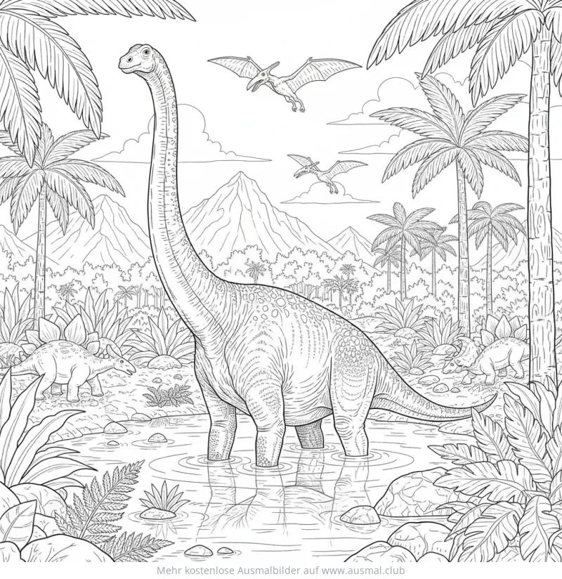 Brachiosaurus Ausmalbild in prähistorischer Landschaft