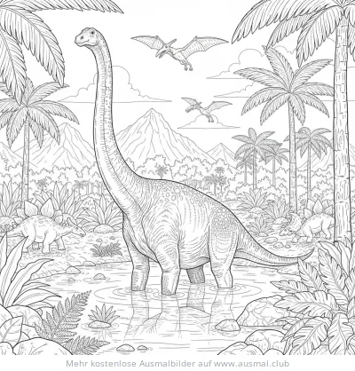 Brachiosaurus Ausmalbild in prähistorischer Landschaft