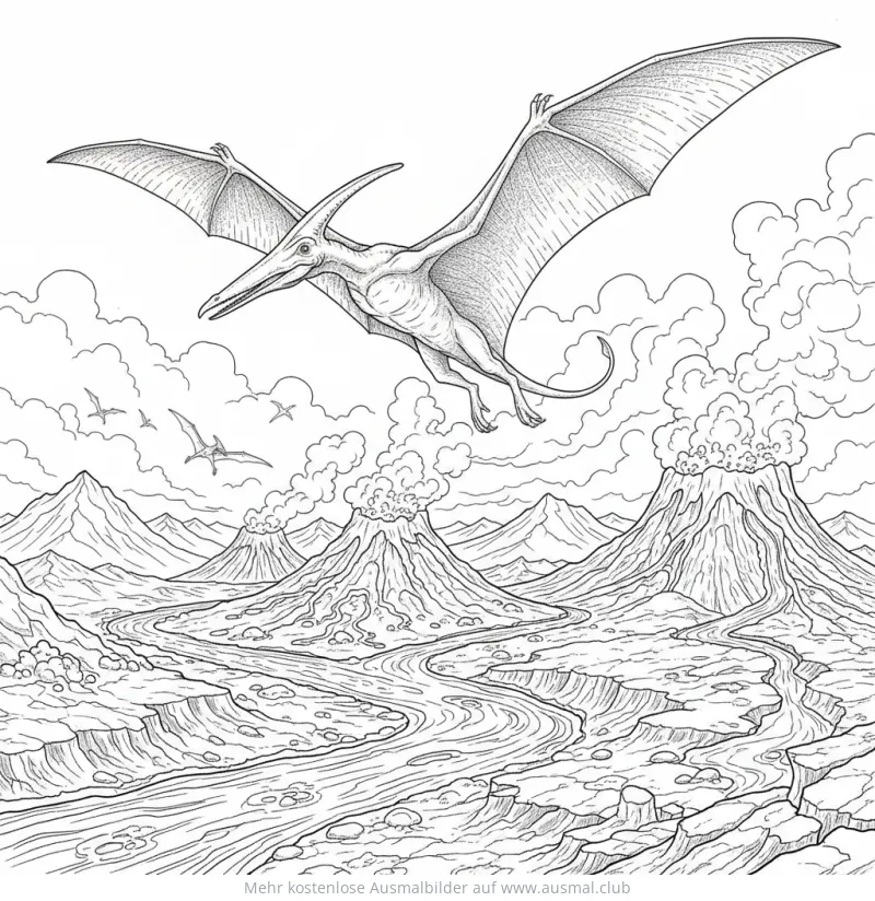 Fliegender Pterodaktylus über Vulkanlandschaft Ausmalbild