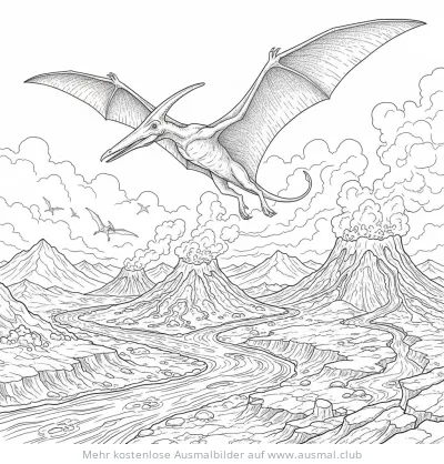Fliegender Pterodaktylus über Vulkanlandschaft Ausmalbild