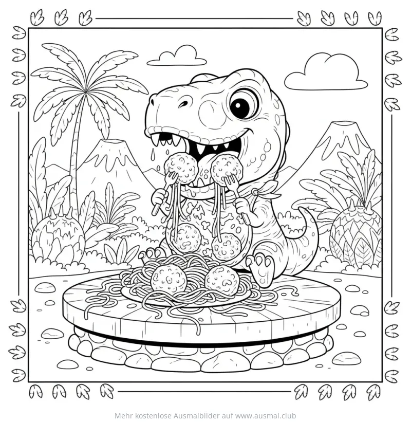 T-Rex isst Spaghetti mit Fleischbällchen Ausmalbild