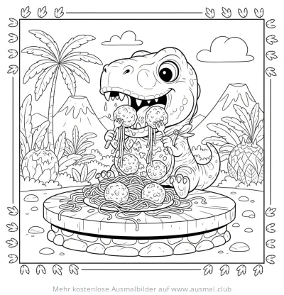 T-Rex isst Spaghetti mit Fleischbällchen Ausmalbild
