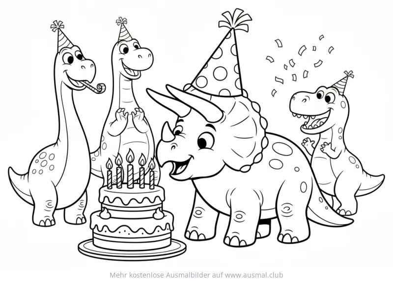 Dinosaurier Ausmalbild: Triceratops feiert Geburtstag mit Freunden