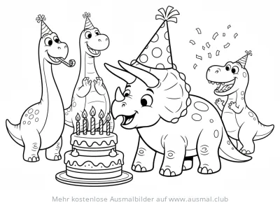 Dinosaurier Ausmalbild: Triceratops feiert Geburtstag mit Freunden