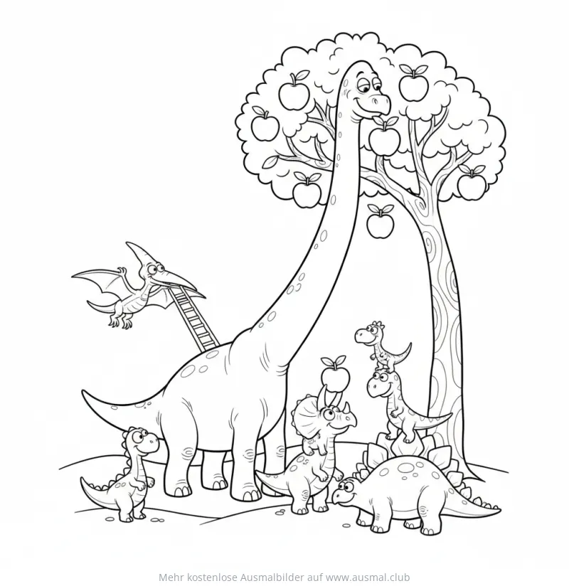 Brachiosaurus mit Apfelbaum und Dino-Freunden Ausmalbild