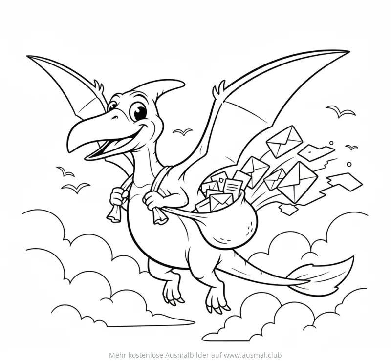 Fliegender Pterodaktylus als Postbote mit Briefen Ausmalbild