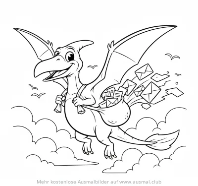 Fliegender Pterodaktylus als Postbote mit Briefen Ausmalbild