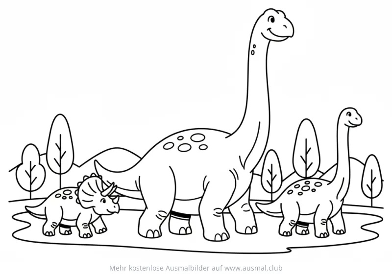 Dino Familie Ausmalbild mit Triceratops und Brachiosauriern