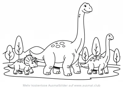 Dino Familie Ausmalbild mit Triceratops und Brachiosauriern