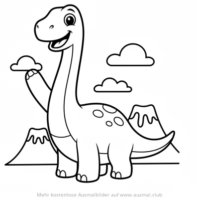 Winkender Dino mit Wolke vor Vulkanlandschaft Ausmalbild