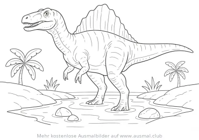 Spinosaurus Ausmalbild in Wasserlandschaft mit Palmen