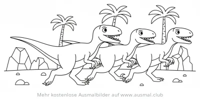 Drei Velociraptoren in prähistorischer Landschaft Ausmalbild