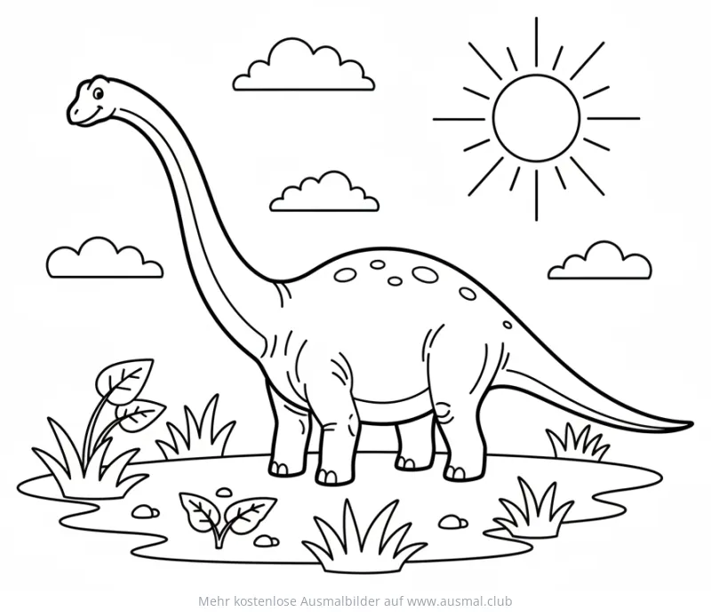 Freundlicher Diplodocus grast auf einer Wiese Ausmalbild