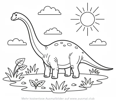 Freundlicher Diplodocus grast auf einer Wiese Ausmalbild