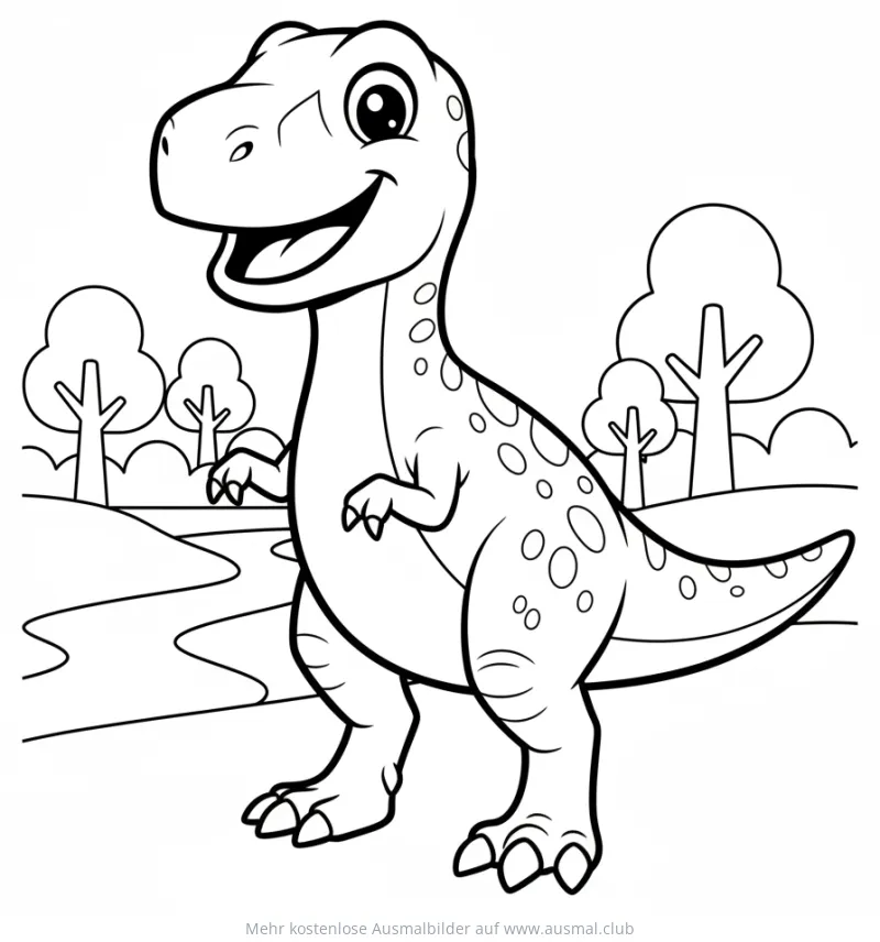 Freundlicher Allosaurus Ausmalbild vor Landschaft