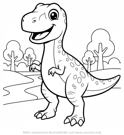 Freundlicher Allosaurus Ausmalbild vor Landschaft