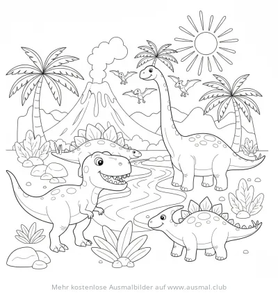 Dinosaurier Ausmalbild mit T-Rex, Brachiosaurus und Stegosaurus in Landschaft