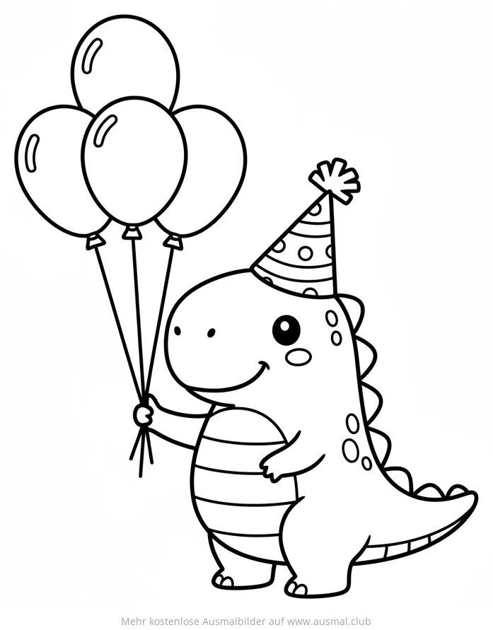 Dinosaurier mit Partyhut und Luftballons Ausmalbild