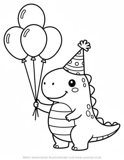 Dinosaurier mit Partyhut und Luftballons Ausmalbild