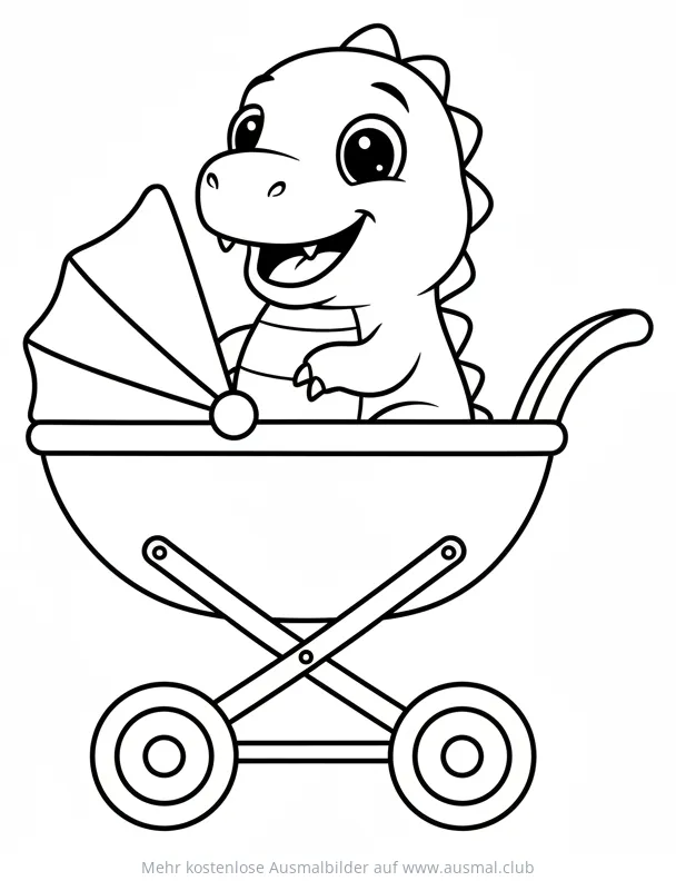 Dino sitzt in einem Kinderwagen Ausmalbild