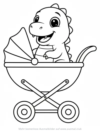 Dino sitzt in einem Kinderwagen Ausmalbild