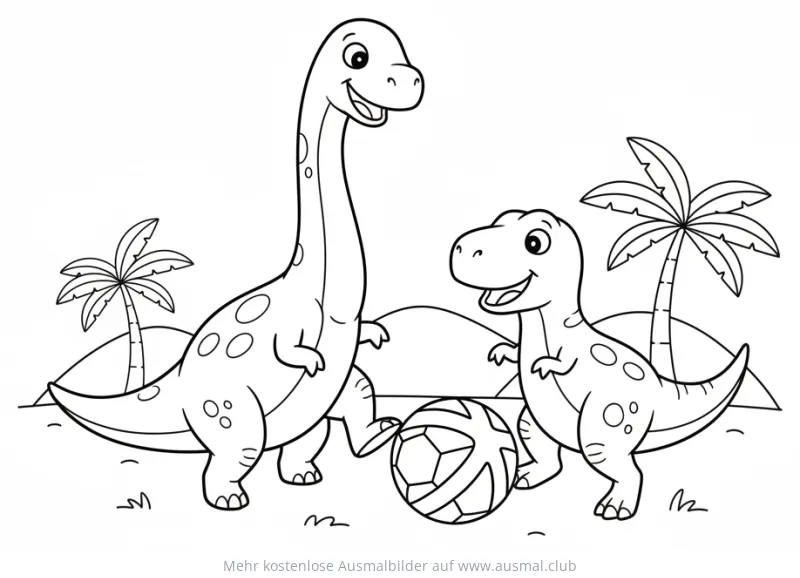 Brachiosaurus und T-Rex spielen Fußball Ausmalbild