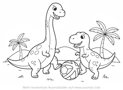 Brachiosaurus und T-Rex spielen Fußball Ausmalbild
