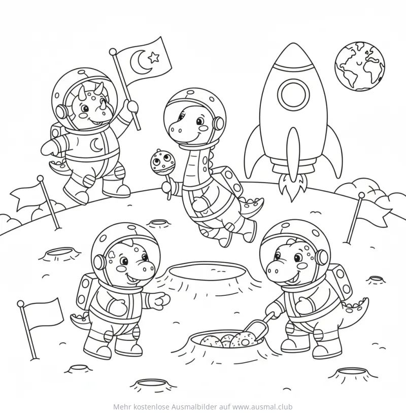 Dinosaurier Astronauten auf dem Mond Ausmalbild