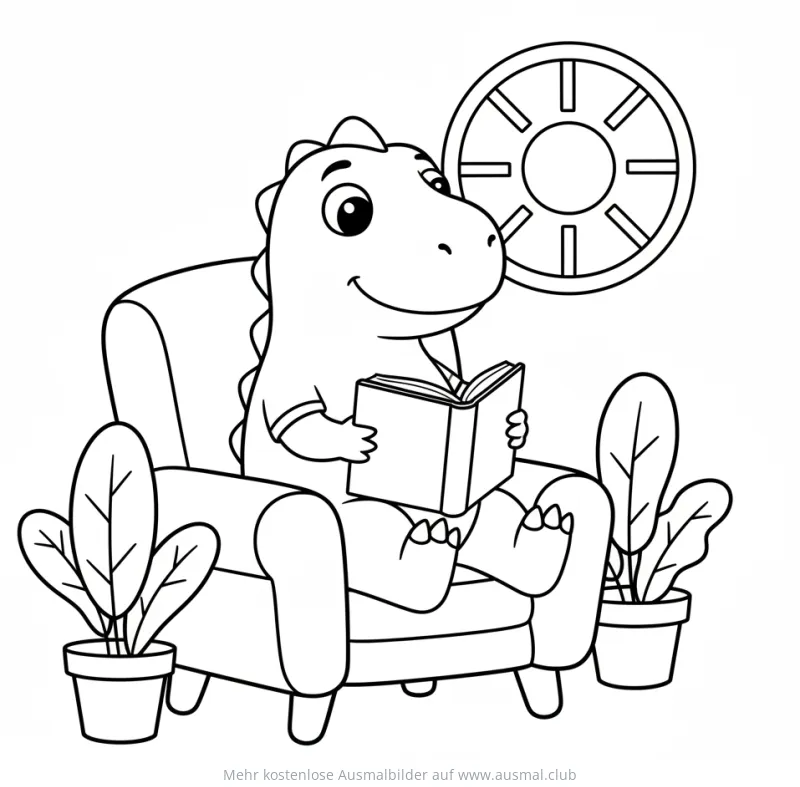 Dino sitzt im Sessel und liest ein Buch Ausmalbild