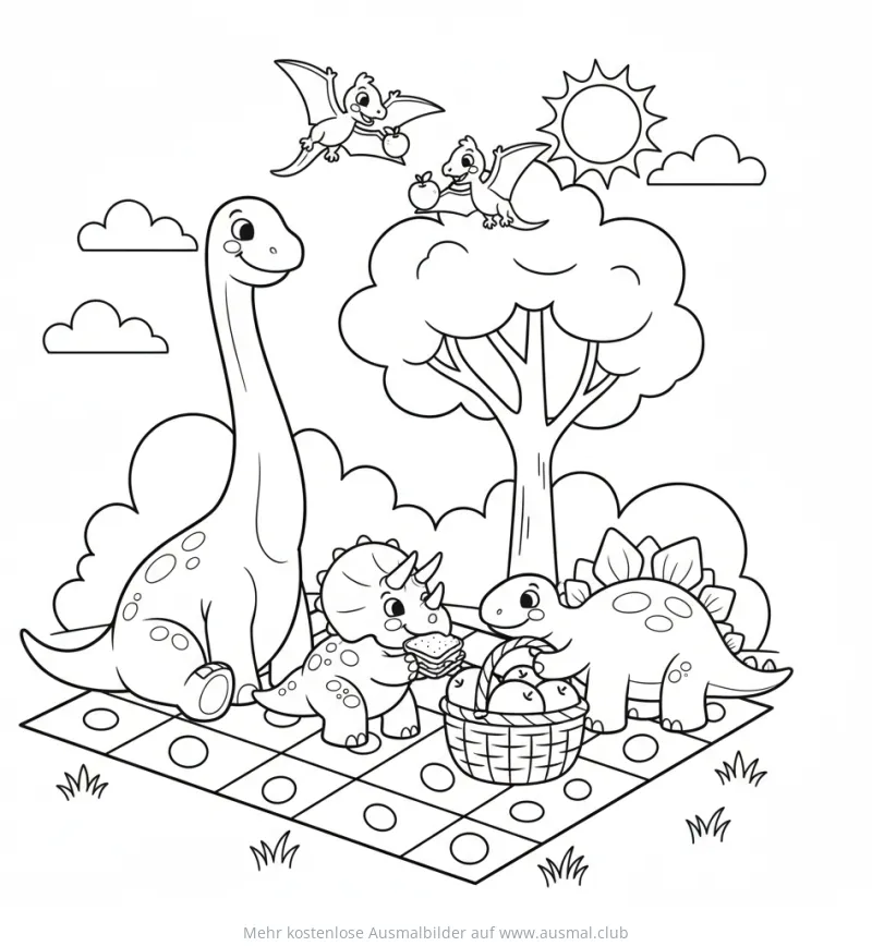 Dinosaurier Picknick Ausmalbild mit Brontosaurus, Triceratops und Stegosaurus