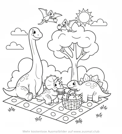 Dinosaurier Picknick Ausmalbild mit Brontosaurus, Triceratops und Stegosaurus