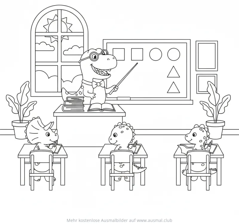 Dinosaurier Lehrer mit Dino-Schülern im Klassenzimmer Ausmalbild